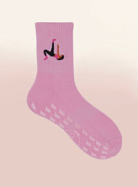 pink iced coffee grip sock, embroidery detail