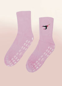 pink iced coffee grip socks, flat lay