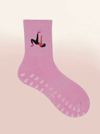 pink coffee cup grip sock, embroidery detail