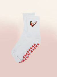 white red bow grip socks, flat lay